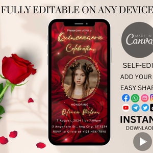Quinceanera Invitations Red And Gold-Instant Download Editable-Sweet 15 Phone Invite Canva-Custom Digital Invitation Quinceañera Red Rose N3