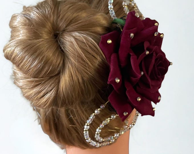 Burgundy Velvet Rose Dance Hair Piece with Crystals, Ballroom & Latin Competition Bun Accessory