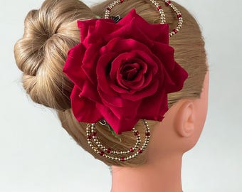 Red Rose Ballet Headpiece: Beaded Spanish Flower Hair Accessory
