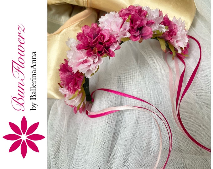 Fuchsia and Pink Ballet Flower Garland (Coppelia hair garland, dew drop floral garland, swanhilda peasant dance garland, pink flower crown)