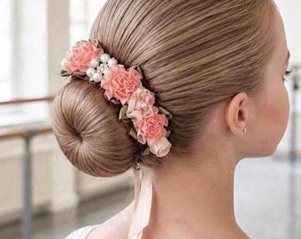 Peach Floral Bun Wrap, Pearl Centerpiece, Ballet Hair Accessory, Bridal Flower Girl Piece