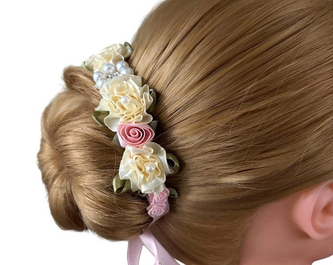 Ivory and Pink Rhinestone BunWrap: Pastel Pink ballet wrap, Dance hair piece