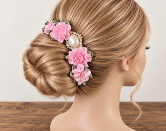 Blush Rose Flower Bridal Hair Piece, Pink Wedding Bun Wrap, Pearl Accent Updo Accessory