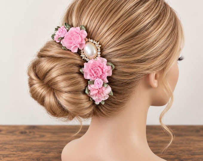 Blush Rose Flower Bridal Hair Piece, Pink Wedding Bun Wrap, Pearl Accent Updo Accessory