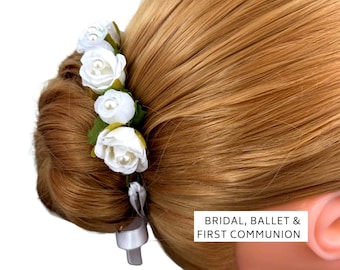 Bridal Bun Wrap with Pearls, Communion Hair Accessory, Flower Girl Crown, floral hair wreath
