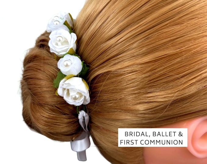 Bridal Bun Wrap with Pearls, Communion Hair Accessory, Flower Girl Crown, floral hair wreath