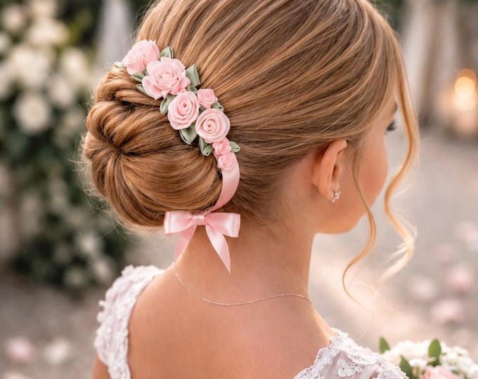 Blush Flower Girl Bun Wrap – Pink Bridal Updo Hair Accessory, Floral wedding hairpiece