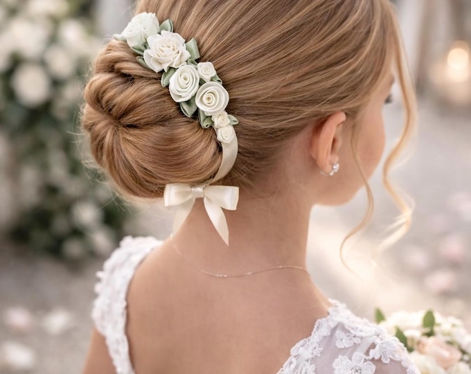 First Communion Hair Wreath - Ivory Floral Bridal Bun Wrap: Flower Girl Hair Piece