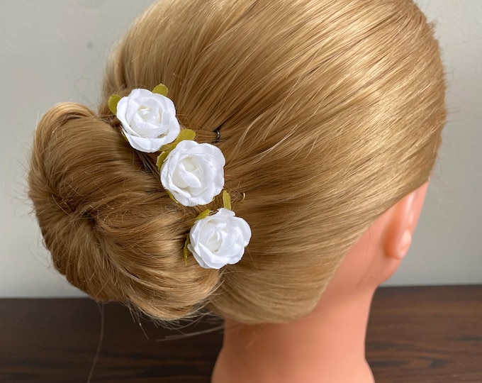 BunFlowerz White Flower Hair Pins (bridal pins, ballet bun pins, white hair flower, bunflowers, flower hair pin, flower girl pin)