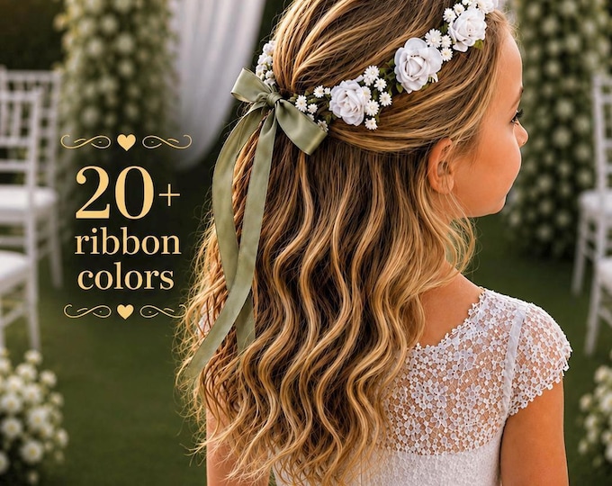 White Flower girl crown, Floral Headband, first communion hair wreath, wedding headpiece