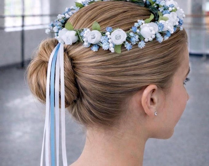 Blue and White Floral Hair Wreath: Professional Ballet Headpiece, Dance Competition Hairpiece