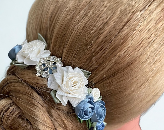 Blue Rhinestone Dance Hair Piece: Antique Blue Floral Bun Wrap, Ballet Competition Accessory