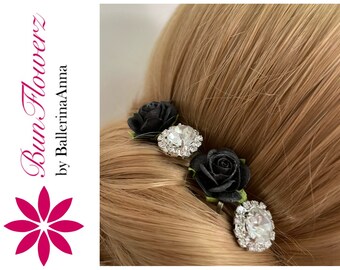 BunFlowerz Black Mulberry Flowers and Rhinestone Mixed BunPins Set (ballet bun pin, hair flower, bridal pins, hair garland, flower girl pin)