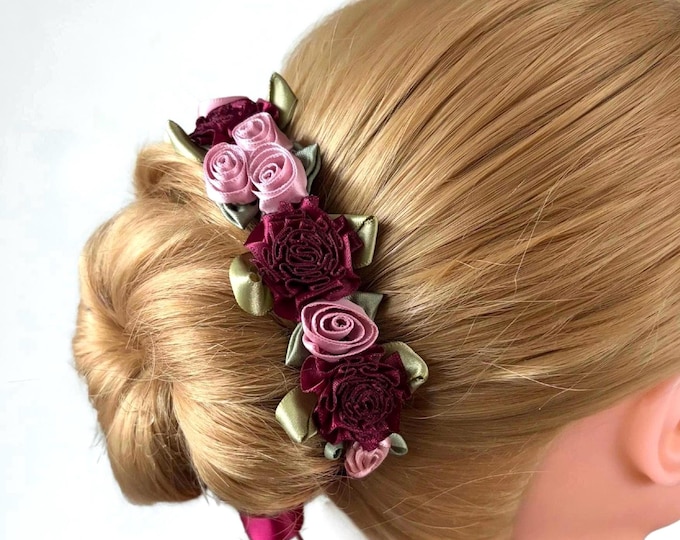 Burgundy Floral Ballet Bun Wrap, Satin Roses Dance Hair Accessory