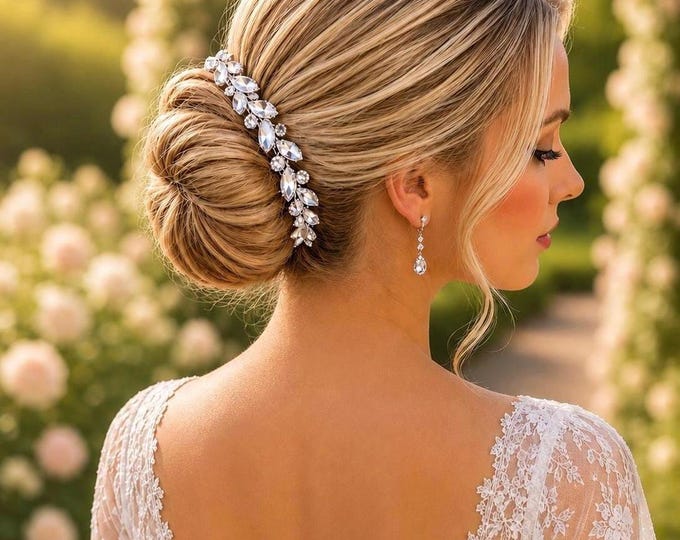 Crystal Bridal Bun Wrap, Silver Tone Wedding Hair Piece, Rhinestone Hair Accessory
