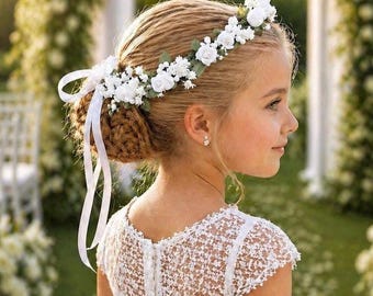First Communion Hair Wreath, Flower girl crown, White Floral Halo with pearls