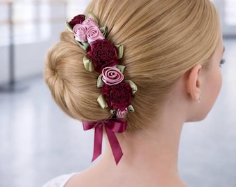 Burgundy Floral Ballet Bun Wrap, Satin Roses Dance Hair Accessory