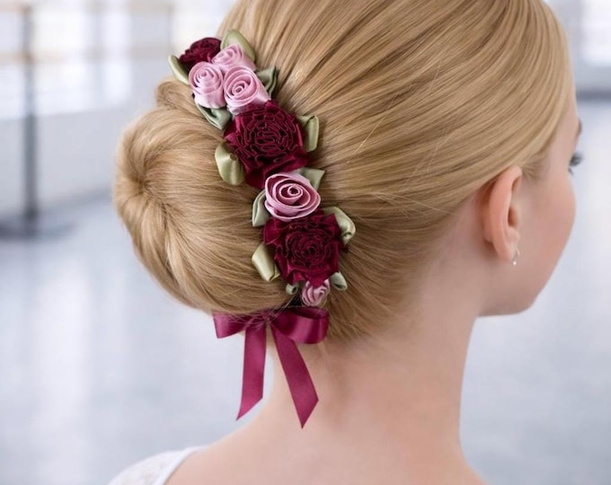 Burgundy Floral Ballet Bun Wrap, Satin Roses Dance Hair Accessory