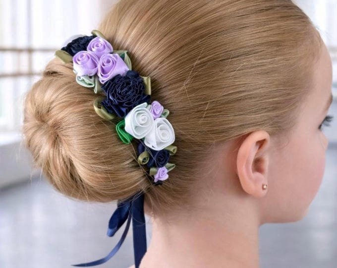 Ballet Recital BunFlowers, Navy & Lavender Dance Hair Accessory, Performance Hair Piece