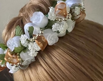 Gold and White Floral Bun Garland: Coppelia Ballet Headpiece
