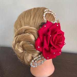 BunFlowerz Kitri Red Ballet Headpiece (large red rose hair flower, flower clip, awakening of Flora, Spanish hair piece, Laurencia flower)