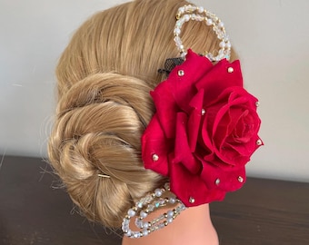 BunFlowerz Kitri Red Ballet Headpiece (large red rose hair flower, flower clip, awakening of Flora, Spanish hair piece, Laurencia flower)