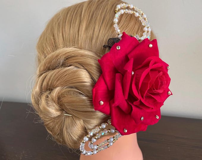 BunFlowerz Kitri Red Ballet Headpiece (large red rose hair flower, flower clip, awakening of Flora, Spanish hair piece, Laurencia flower)