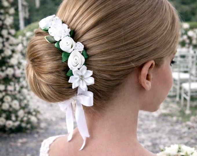 White Floral Bun Wrap for Flower Girl or First Communion – Bridal Ballet Hair Wreath