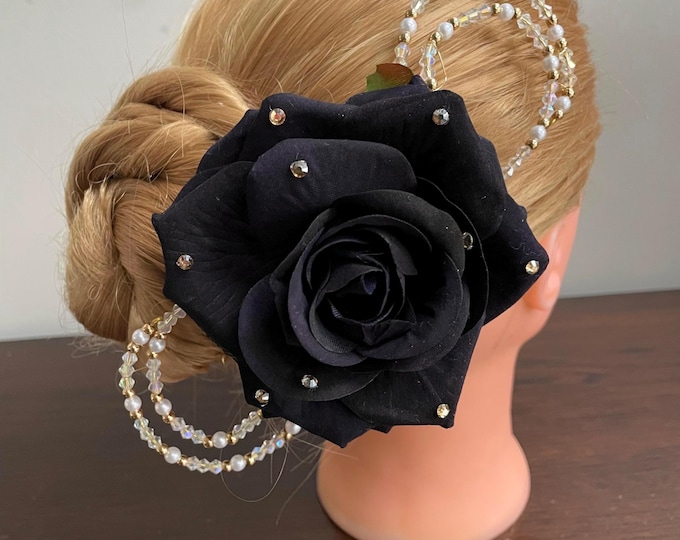 Black Velvet Rose Ballet Headpiece: Rhinestone Flower Hair Clip