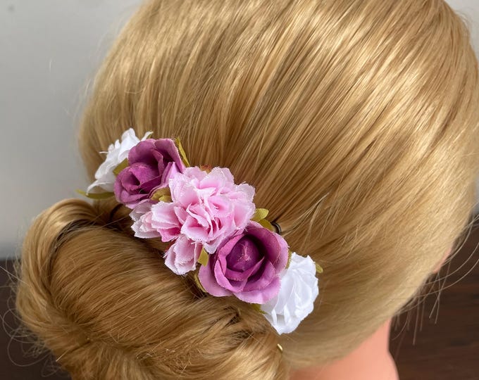 BunFlowerz Mauve Bun Crown (mini plum and pink garland, petite dusty rose ballet headpiece, plum hairpiece, dusty rose pin, mauve crown)