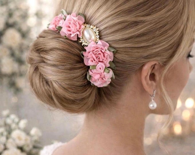 Blush Rose Flower Girl Hair Piece, Pink Bridal Bun Wrap, Pearl Accent Updo Accessory