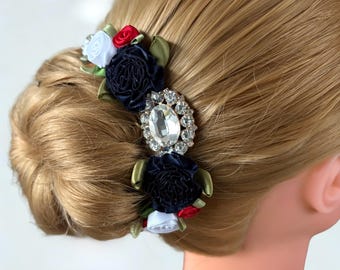Harlequinade Ballet Bun Pin: Rhinestone & Red, White, Blue Flowers
