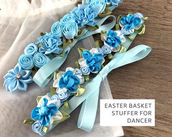 Blue Floral Ballet Bun Wrap Set, Dance Recital Hair Accessory, Easter Basket Stuffer
