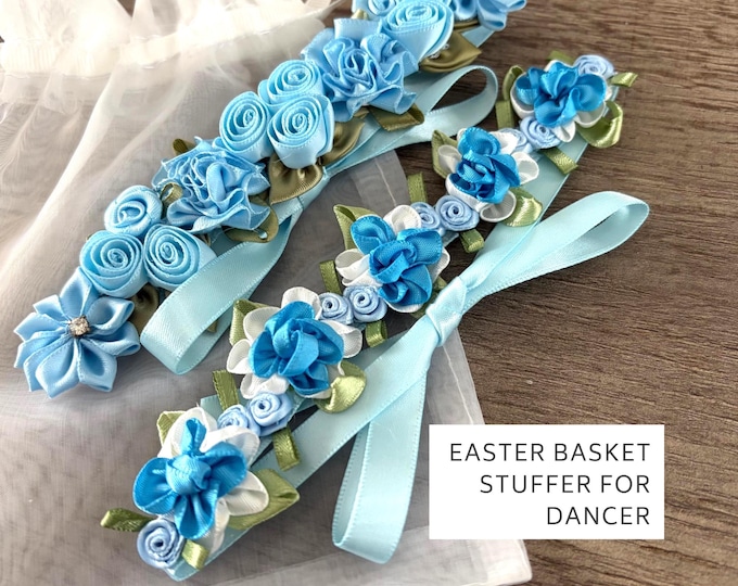 Blue Floral Ballet Bun Wrap Set, Dance Recital Hair Accessory, Easter Basket Stuffer