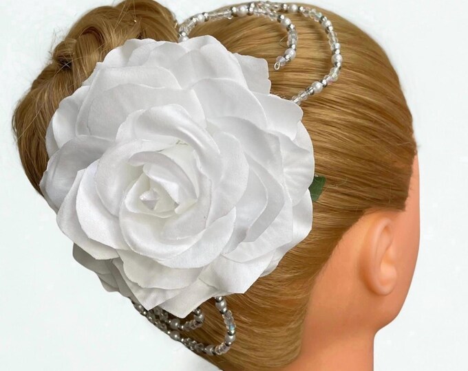 White Rose Ballet Headpiece: Silver Pearl Beaded Hair Flower