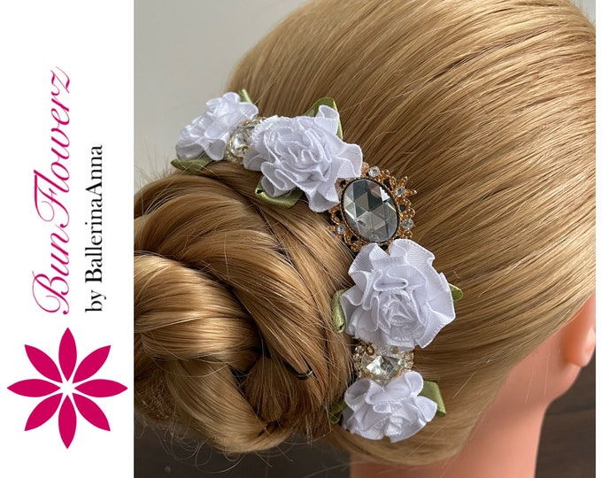 BunFlowerz Aurora Odette White 3-Jewel BunPin (diamond ballet wrap, floral garland, bunflowers, ballet hairpiece, bunwrap, bridal hair pin)