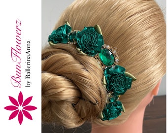 BunFlowerz Esmerelda Green 3-Jewel Bun Pin (green hair garland, bunflowers, Esmerelda Head piece, emerald ballet wrap, emerald bun crown)