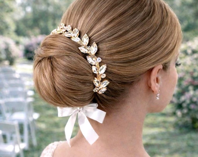 Bridal Gold Rhinestone Bun Wrap, Wedding Crystal Hairpiece for Bride