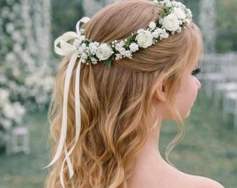 Ivory Flower girl crown, first communion halo, floral hair wreath