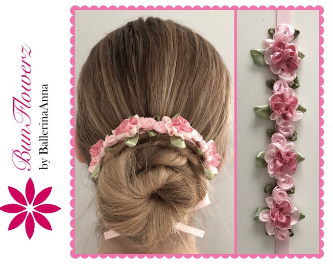 BunFlowerz Petals Pastel Pink and Mauve Floral BunWreath (pink ballet wrap, pink bun wrap, pink floral hair garland, mauve bunwrap)