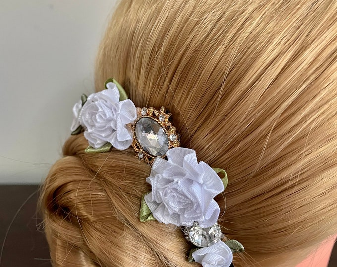 BunFlowerz Aurora White and Gold Crystal BunPin (diamond ballet hair pin, bridal hair pin, bunflowers, ballet hairpiece, bunwrap)