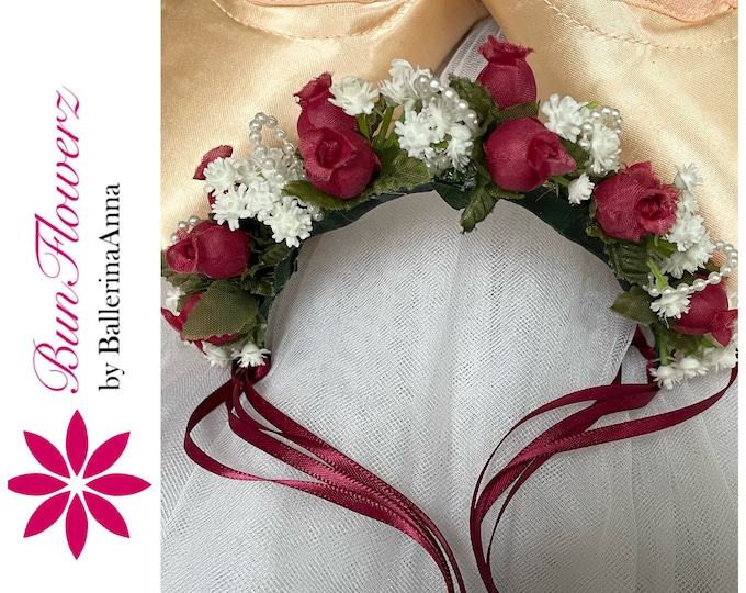 BunFlowerz YAGP Paquita Hair Piece (Giselle hair garland, gamzatti buncrown, paquita bun garland, burgundy ballet headpiece, flower garland)