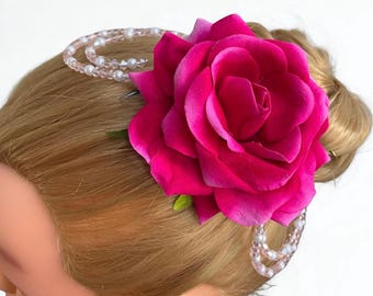 Dark Pink Rose Ballet Headpiece: Beaded Floral Hair Clip