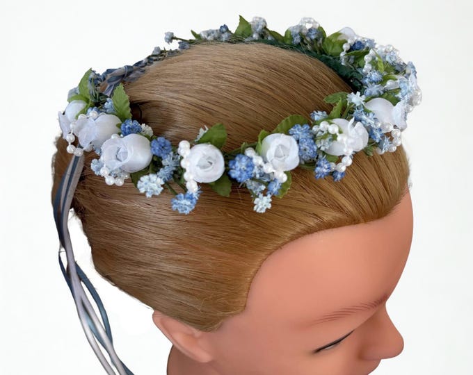 Blue and White Floral Hair Wreath: Professional Ballet Headpiece, Dance Competition Hairpiece