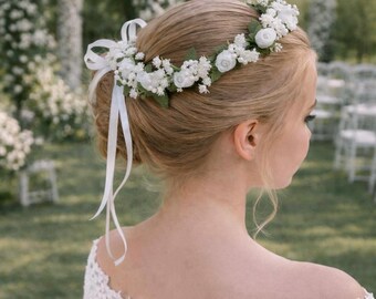 First Communion Hair Wreath, Flower girl crown, White Floral Halo with pearls
