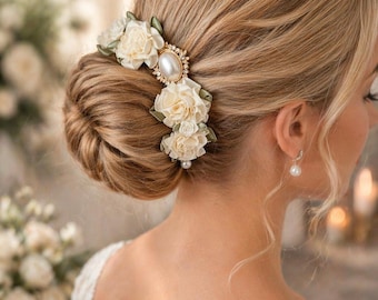 Ivory Floral Bun Hairpiece: Bridal Ballet Hair Crown with Pearl