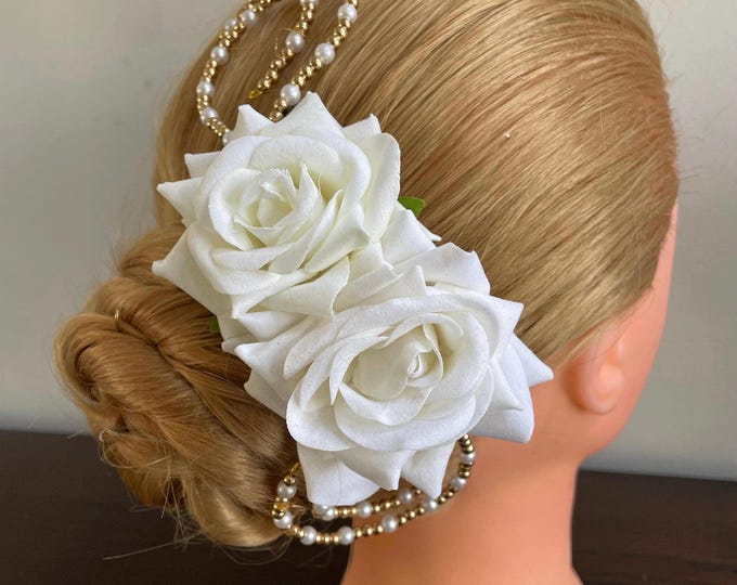 Off-White Double Rose Ballet Headpiece: Ivory Pearl Beaded Hair Flower