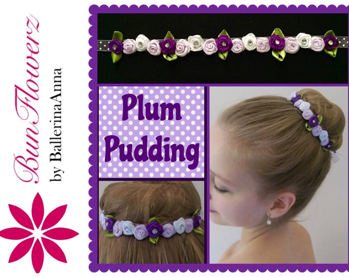 BunFlowerz Plum Rosette BunWreath (satin roses bunflower, floral hair piece, ballet wrap, purple bun flower, purple hair garland, bunwrap)