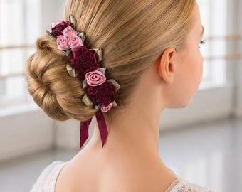 Burgundy Floral Ballet Bun Wrap, Satin Roses Dance Hair Accessory