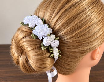White Floral Bun Wrap for Flower Girl or First Communion – Bridal Ballet Hair Wreath